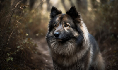 photo of keeshond on a forest path. Generative AI