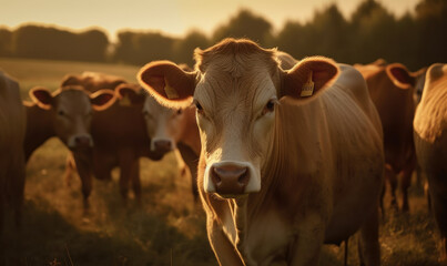 Photo of Jersey breed of cattle grazing in a lush, sun-kissed pasture, image showcases the breed's signature golden coat, gentle expression, and compact yet sturdy frame. Generative AI