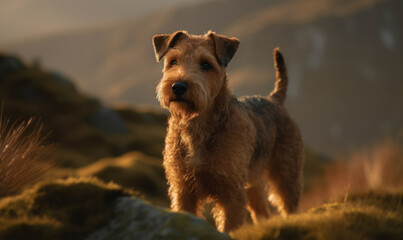 Photo of Lakeland terrier, captured amidst rugged terrain of the Lake District. Terrier stands alert ready to spring into action, with its wiry coat glistening in the early morning sun. Generative AI - obrazy, fototapety, plakaty