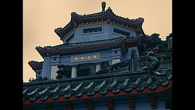 HONG KONG, CHINA - CIRCA 1980: architecture detail of Tiger Balm Garden of Hong Kong, Aw Boon Haw Garden. Operated since 1950s to 2004. Historic restored footage on 1980s.