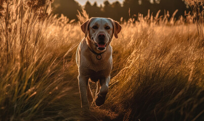 photo of Labrador Retriever running happily in tall grass at sunset. Generative AI