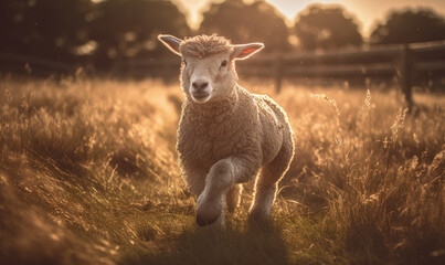Obraz premium photo of lamb running happily in tall grass at sunset. Generative AI