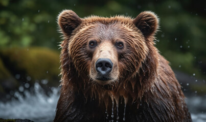 Obraz na płótnie Canvas Photo of Kodiak bear towering over cascading waterfall with fierce determination in its eyes. image showcases bear's massive size & power, with light highlighting its majestic presence. Generative AI