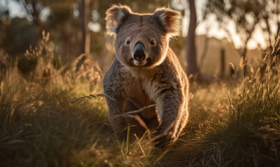 Obraz premium photo of koala jumping in tall grass at sunset. Generative AI