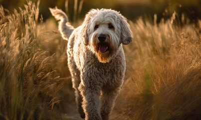 Fototapeta premium photo of happy komondor dog in tall grass at sunset. Generative AI