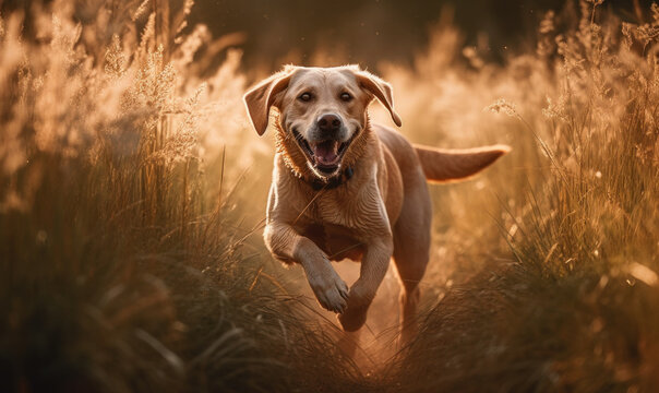 Unbridled Happiness: Photo of Labrador Retriever, running through a field of tall grass, tongue lolling in pure joy. image is bathed in warm, golden sunlight. Generative AI