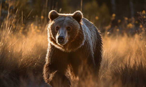 photo of Kodiak bear running in tall grass at sunset. Generative AI