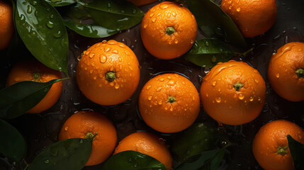 Fresh ripe oranges with water drops background. Fruits backdrop. Generative AI