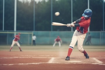 man fun baseball game bat ball team player athlete field sport. Generative AI.