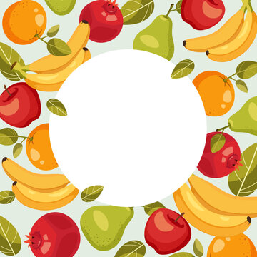 template, frame from fruits. pear, apple, orange, banana and pomegranate. vector illustration. free white circle for text