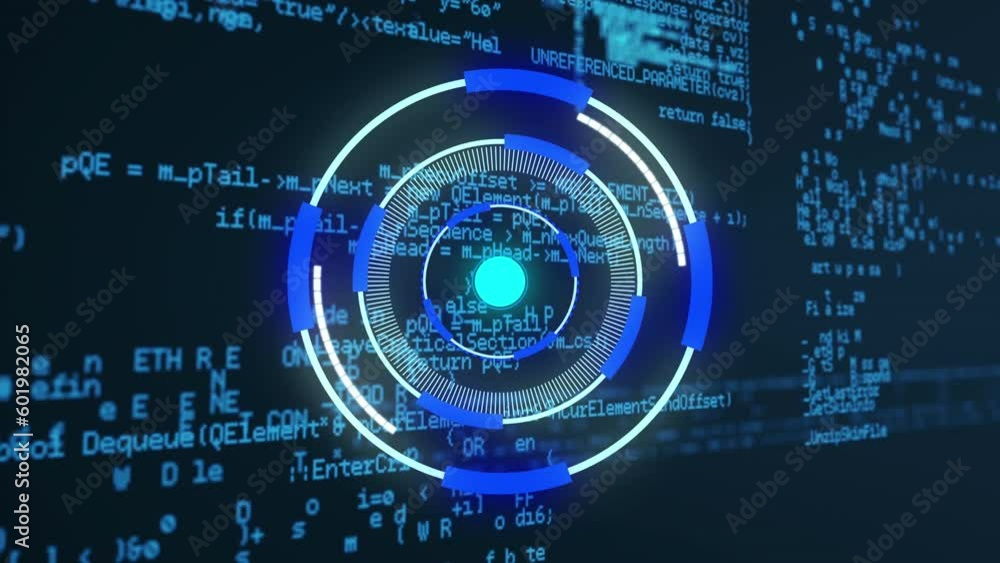 Poster animation of neon round scanner and data processing against blue background