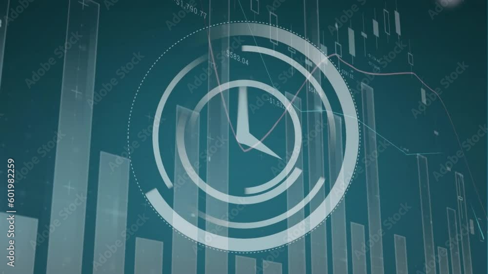 Poster animation of ticking clock icon over statistical data processing against green background