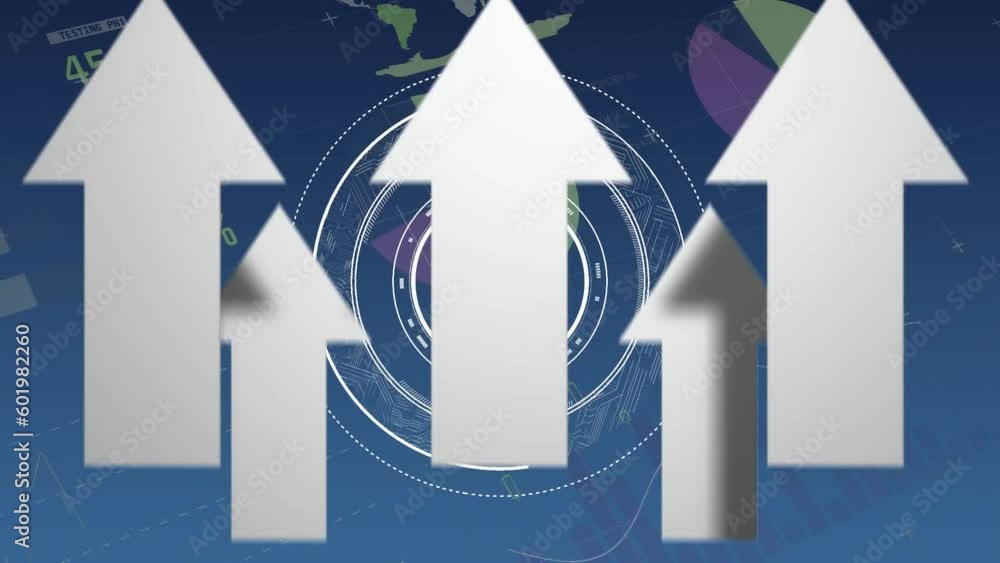 Poster animation of arrow moving upwards and round scanner against statistical data processing