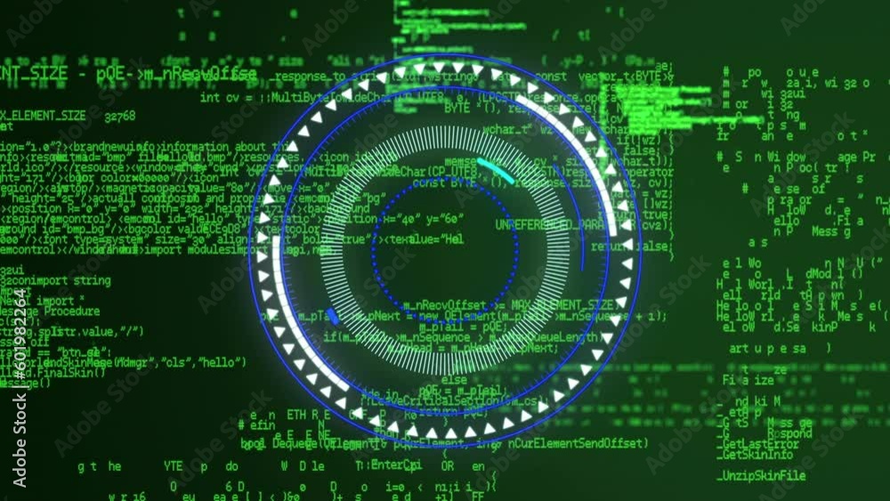 Poster animation of spinning neon round scanner and data processing against green background