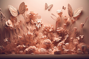 3d floral and butterfly wall decor. Generative AI
