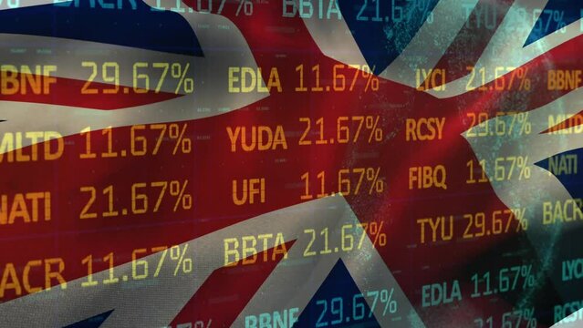 Animation of stock market data processing over waving uk flag against spinning globe