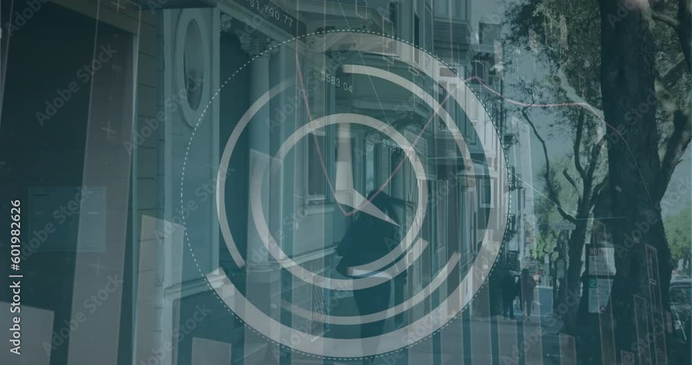 Poster animation of financial data processing with clock over city