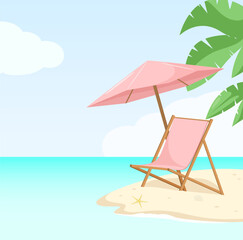 Pink chaise longue with an umbrella on the seashore. Tropical beach. Vacation.
