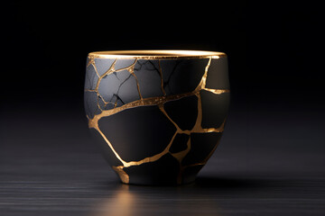 kintsugi pottery cup without handle isolated in a dark color background. 