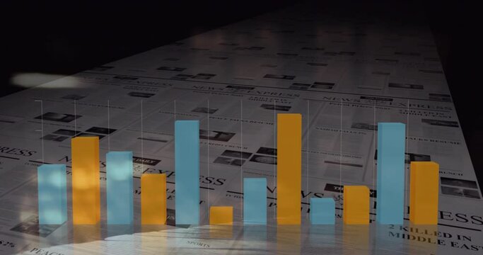 Animation of financial data processing over newspaper