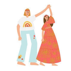 Groovy hippie clipart, People characters set, Young women and men in retro style clothing of 60s and 70s illustration, Multi-ethnic hitchhikers with guitar and luggage on a road trip vector clip art.