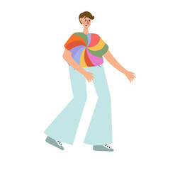 Groovy hippie clipart, People characters set, Young women and men in retro style clothing of 60s and 70s illustration, Multi-ethnic hitchhikers with guitar and luggage on a road trip vector clip art.