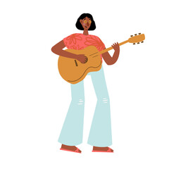 Groovy hippie clipart, People characters set, Young women and men in retro style clothing of 60s and 70s illustration, Multi-ethnic hitchhikers with guitar and luggage on a road trip vector clip art.