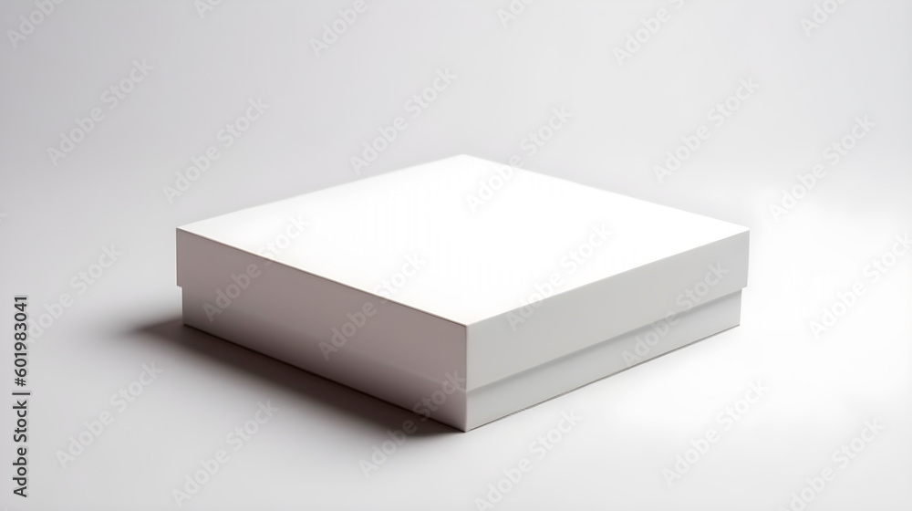 Poster mockup - a white square box with a lid on a light uniform simple background, a box template with cle