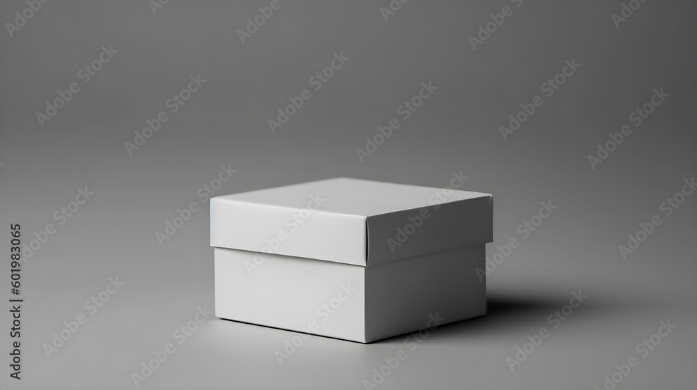 Poster mockup - a white square box with a lid on a light uniform simple background, a box template with cle