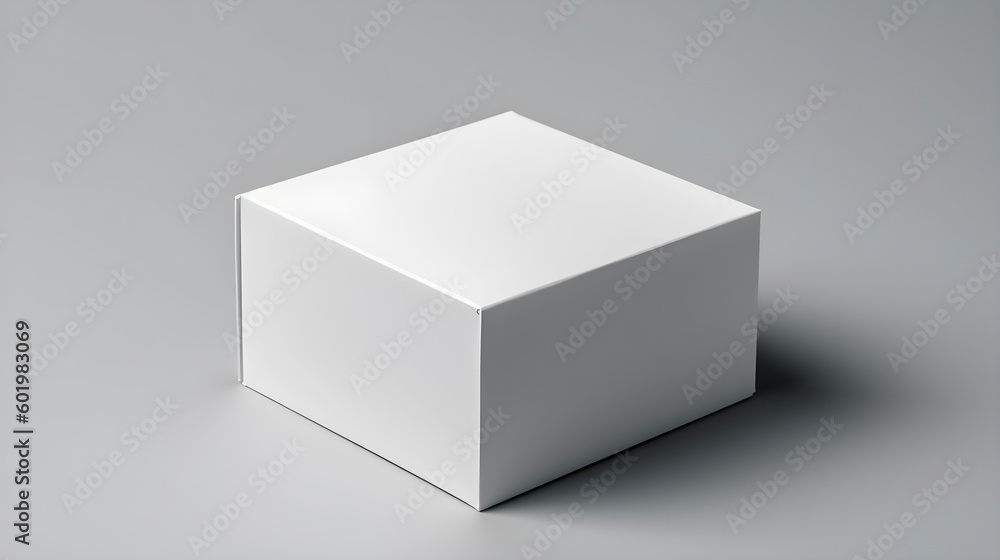 Poster mockup - a white square box with a lid on a light uniform simple background, a box template with cle