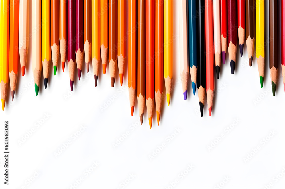 Poster multicolored colored pencils chart on white background with space for text, generative ai