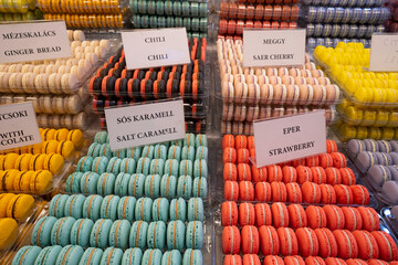 Colorful Macarons on a Market Stall
