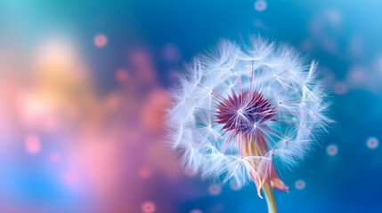 beautiful faded dandelion with seeds on gradient blue green blurred background with space for text, generative ai