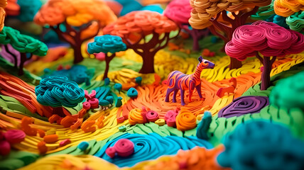 Fototapeta na wymiar bright forest with animals made of plasticine, generative ai