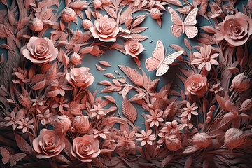 Luxury 3d flower and butterfly decorative detailed pastel-color background. Wall art, furniture detail, floral motif. Generative AI