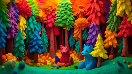 bright forest with animals made of plasticine, generative ai