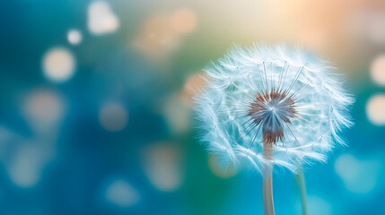 beautiful faded dandelion with seeds on gradient blue green blurred background with space for text, generative ai