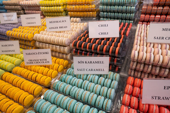 Colorful Macarons on a Market Stall