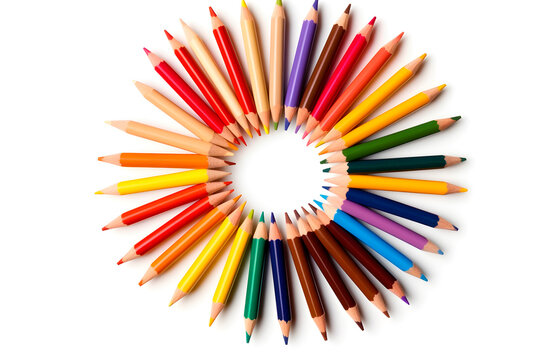 sharpened colored pencils laid out in a perfect circle on a clean white background, generative ai