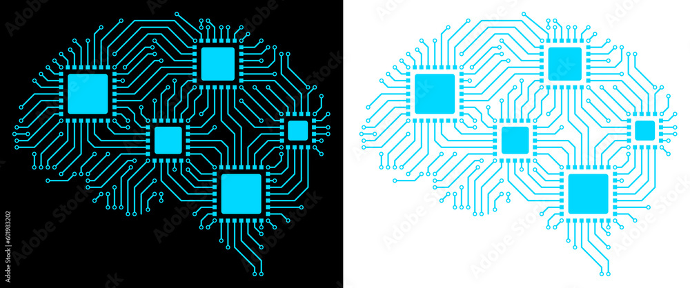 Poster circuit board with human brain. with four microchip blue. artificial intelligence concept transparen