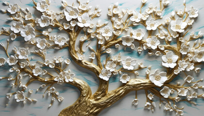 A white-flowered tree painting for wall decor. Generative AI