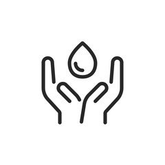 Water Saving Icon. Vector Editable Outline Hands Protecting and Conserving a Water Droplet for Sustainable Living Concept.
