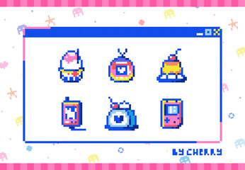Pixel Art Retro Y2k Geek Set. 8bit retro style vintage pocket gadgets and tasty sweets. Ice cream, video game, dessert cake, mp3 player, game pocket console. Pack of avatars, stickers or badges.