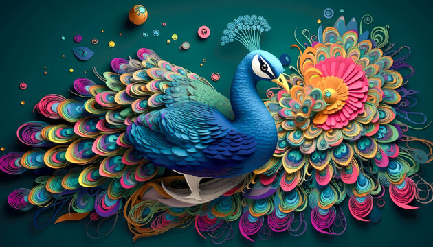 Peacock 3d wallpaper with elegant and colorful feather. Exotic oriental pattern bird wildlife peacocks 3d interior background. Generative AI