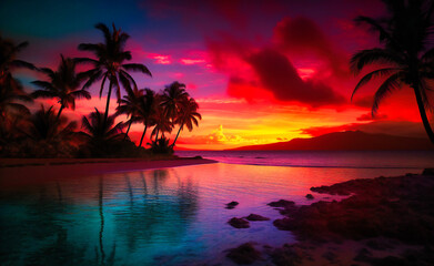 orange sunset over a beach with palm trees
