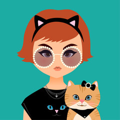 The girl & cat portrait illustration.