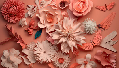 3d paper flowers arranged on a pink background for wall decor. Generative AI