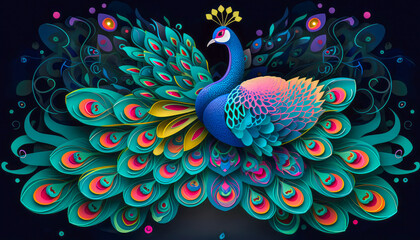 Peacock 3d wallpaper with elegant and colorful feather. Exotic oriental pattern bird wildlife peacocks 3d interior background. Generative AI