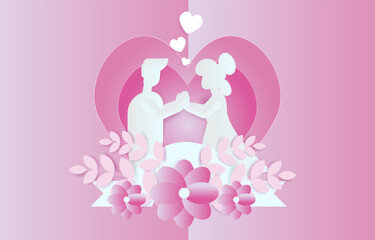 lovely young joyful couple propose on abstract pink background with flower,lantern design for valentine's day festival .Vector illustration.paper
