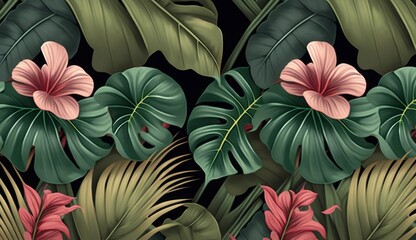 
Tropical seamless pattern with hibiscus flowers, beautiful palm, banana leaves. Hand-drawn vintage 3D illustration. Glamorous exotic abstract background art design, Generative AI